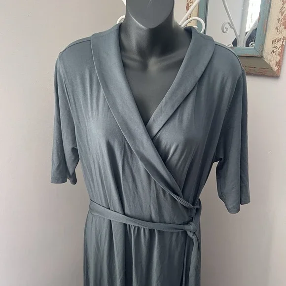 Quince Tencel Jersey Midi Wrap Dress Dark Olive Basic Sleeved XL Stretch NWT - Picture 3 of 8